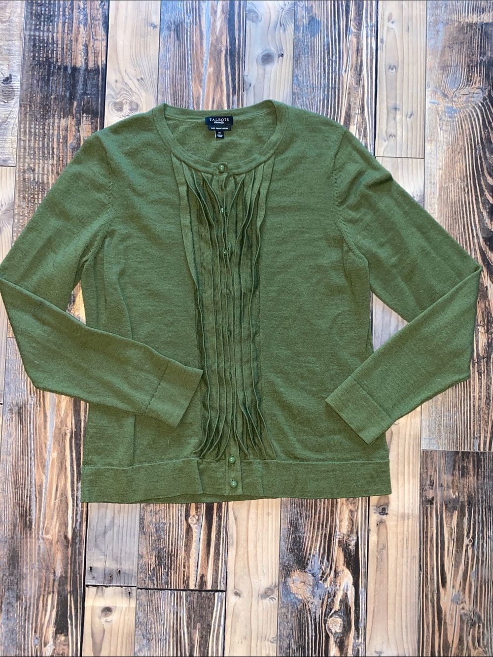 Talbots Pure Merino Italian Wool Olive Green Ruffle-Front Cardigan